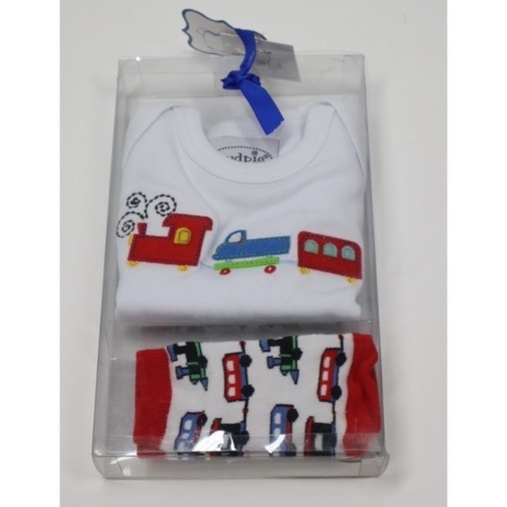 Mud Pie‎ Baby Boy Onesie and Sock Set - Trains - Size 0-6M